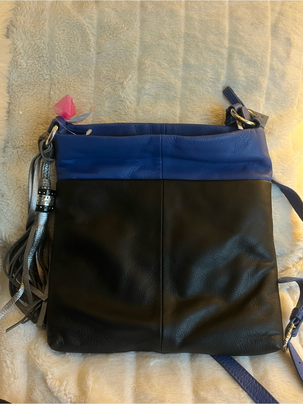 Brighton Navy Leather Shoulder Bag with Tassel Accent